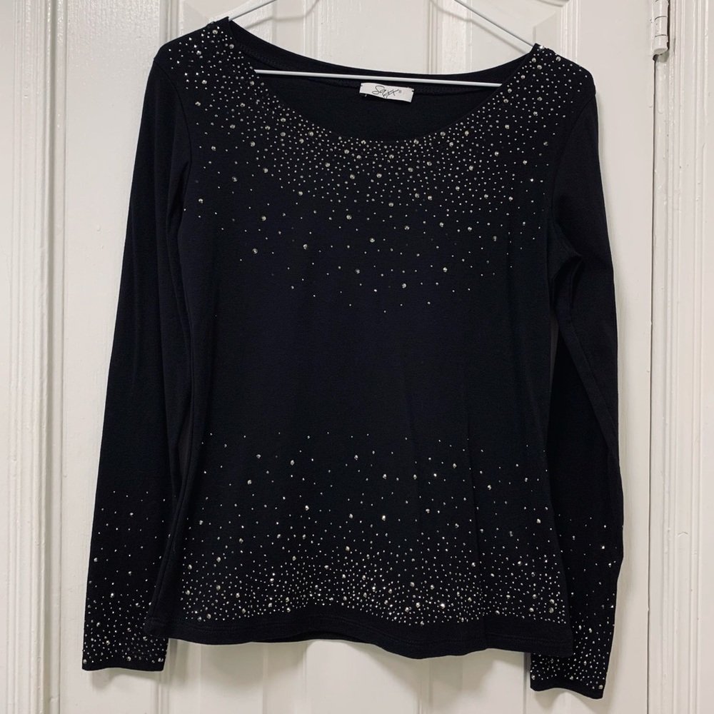 Grey rhinestone long sleeve top🖤💎 S/M